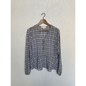 Michael Kors Womens Gingham Plaid Tie Up Blouse size Medium Black white yellow